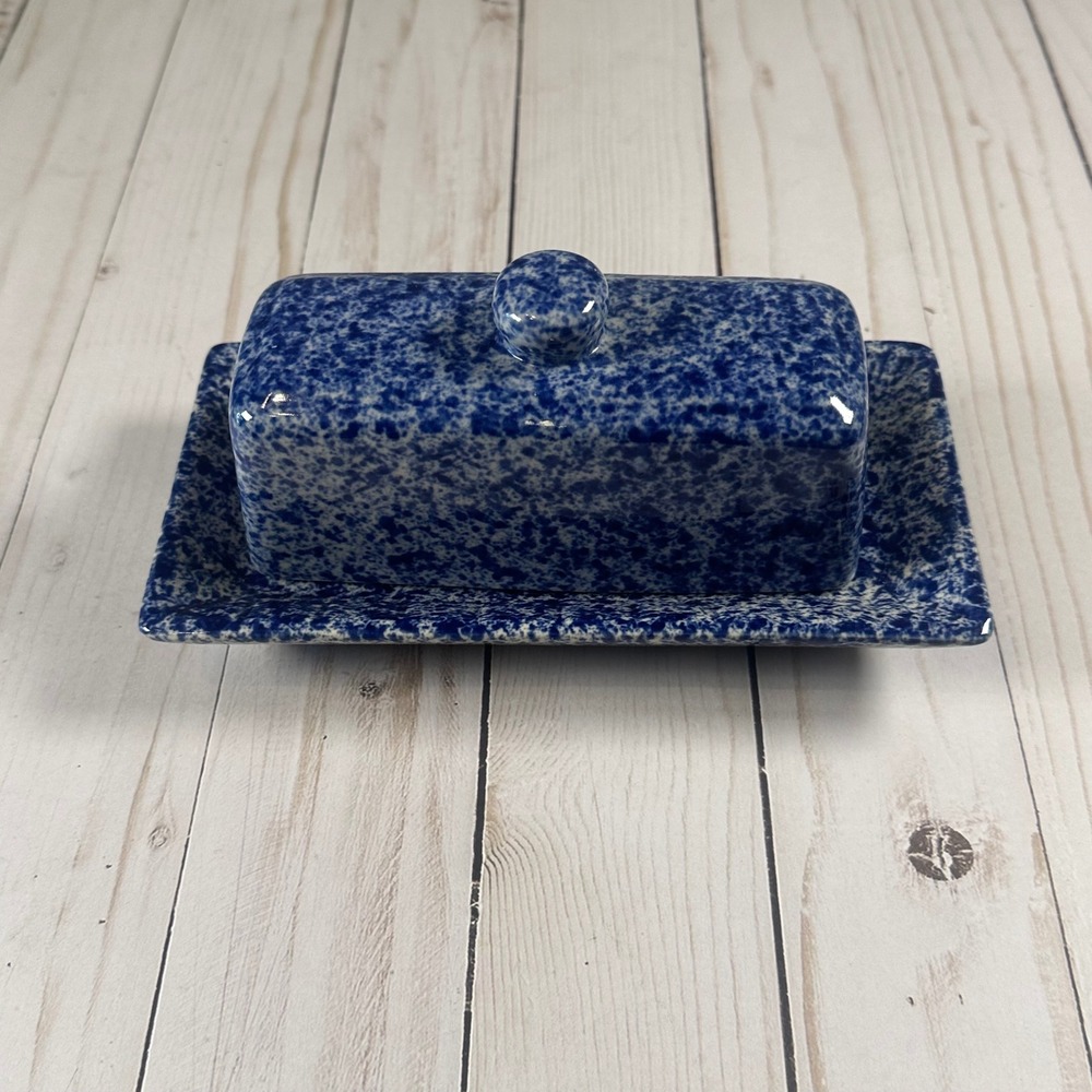 Vintage ADA Blue White Spatterware Ceramic Butter Dish Made in USA Farmhouse